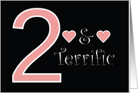 Two and Terrific 2nd Birthday Pink Hearts Black Background card