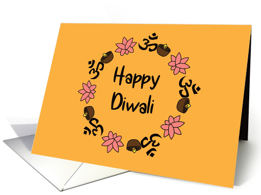 Happy Diwali Diya Lotus Flower Aum Orange Background card (1848432)