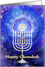 Happy Chanukah Menorah and Star of David with Blue Abstract Lights card