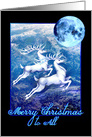White Christmas Reindeer Flying Under a Blue Christmas Moon card