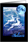 Believe in Magic, White Christmas Reindeer Flying Under the Moon card