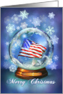 Patriotic Christmas American Flag in Snow Globe with Snowflakes card