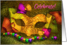 Mardi Gras Party Invitation, Golden Mask with Fans and Beads card