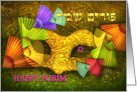 Happy Purim in Hebrew and English with Golden Mask and Fans card
