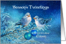 Season’s Tweetings to Cousin, Christmas Birds in Snowy Tree card