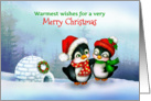Merry Christmas Penguins in Santa Hats, Snow with Igloo & Wreath card