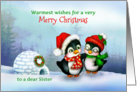 To Sister, Merry Christmas Penguins in Snow with Igloo & Wreath card