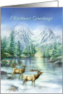 Christmas Greetings, Snowy Mountain Landscape with Elks in Lake card