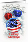 Patriotic Christmas, Season’s Greetings American Flag in Ornament card