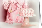 Happy 80th Birthday Woman in Pink Robe with Pink Birthday Cake card