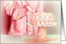 Happy Birthday Pink Cake and Woman in Pink Robe card