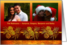 Merry Christmas for Two Photos Golden Pinecones on Red Christmas card
