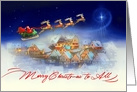 Santa and Reindeer Flying over Village, Merry Christmas to All card
