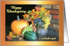 Happy Thanksgiving Autumn Leaves Pumpkin on Fireplace Hearth card