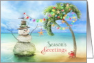 Tropical Beach Christmas Season’s Greetings Snowman Palm Tree card