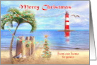 Tropical Merry Christmas Seagulls with Lighthouse and Palm Tree card