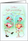 Holiday Flamingos Tangled in Christmas Lights with Heart Palm Tree card