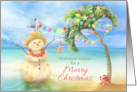 Merry Christmas Sand Person under Palm Tree with Lights on Beach card