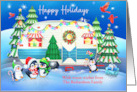 Custom Happy Holidays Penguins with Vintage Camper and Birds card