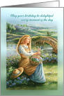 Happy Birthday, Dreamy Woman with Flower Basket by a Stream card