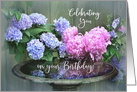 Happy Birthday, Hydrangeas and Peonies with Birdbath card