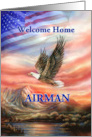 Airman Welcome Home Flying Eagle and Flag Sunset card