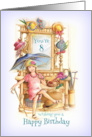 Happy 8th Birthday Girl Dancing with Vintage Hats and Umbrella card