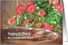 Niece Happy Birthday Red Mums and Monarch Butterfly at Birdbath card