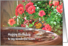 Sister Happy Birthday Red Mums and Monarch Butterfly at Birdbath card