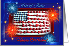 Happy Birthday on 4th of July, Flag Cake and Fireworks card