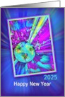 2025 Happy New Year Planet Earth with Light Rays Colorful Galaxy card