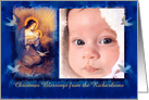 Christmas Nativity, Mary and Jesus in Manger with Doves for Photo card