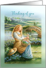 Thinking of You, Beautiful Woman with Flower Basket Original Art card