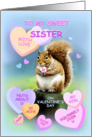 To Sister, Happy Valentine’s Day Squirrel with Candy Hearts card