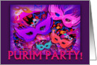 Purim Party Invitation, Purple Mask, Stars and Dice card