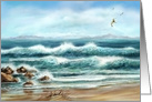 Aqua Seascape with Seagulls, Beach and Ocean Waves, Blank card