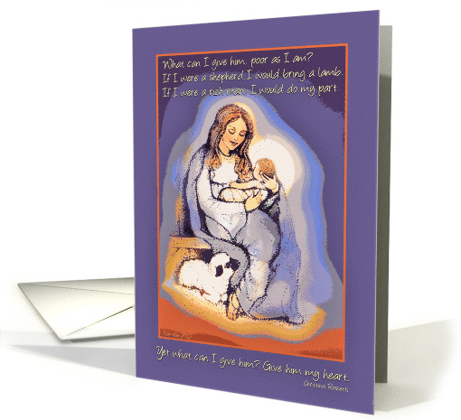 Mary and Baby Jesus in Manger Christmas Nativity with Lamb card