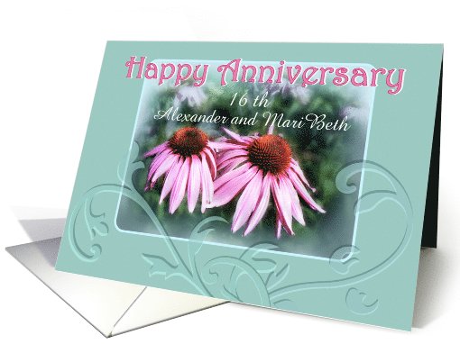 Happy 16th Anniversary, Pink Flowers with Custom Text Boxes card