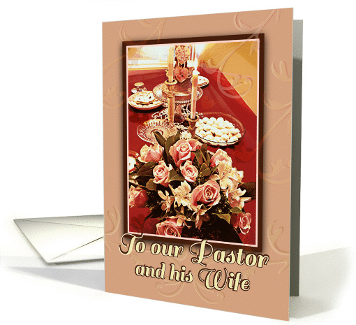 Valentine to Pastor and Wife, Pink Roses on Table with Candles card