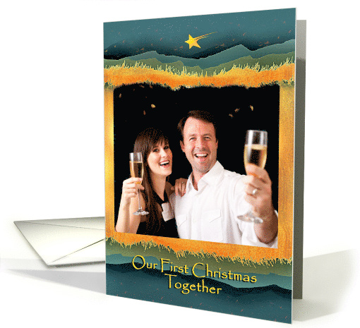 First Christmas Together Engaged Couple Engagement Photo Manger card