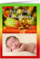 Baby’s First Christmas Photo in Red and Gold Gift Package card