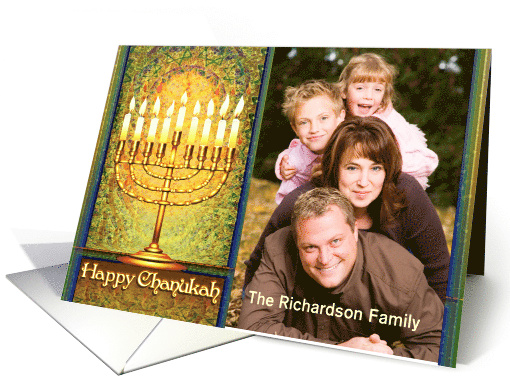 Happy Chanukah Photo Card, Golden Menorah in Mosaic Window card