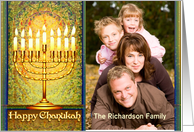 Happy Chanukah Photo Card, Golden Menorah in Mosaic Window card