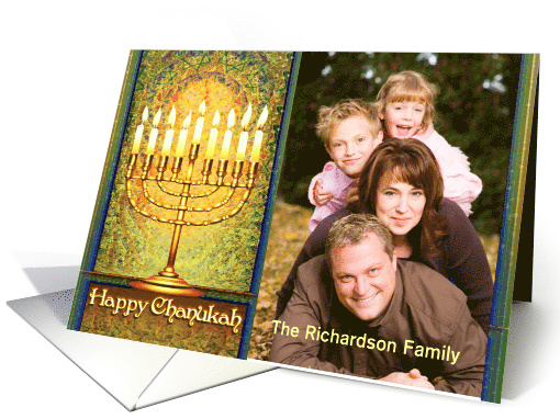 Messianic Chanukah Menorah in Window, Golden Menorah Photo card