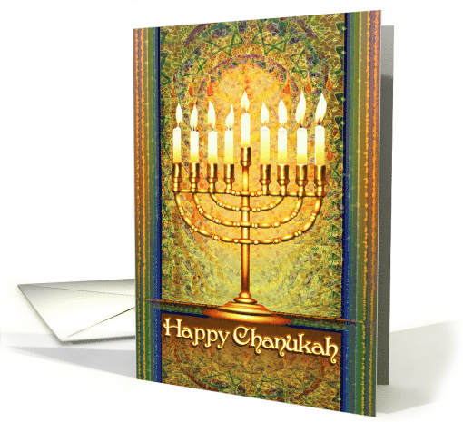 Messianic Happy Chanukah, Golden Menorah in Mosaic Window card