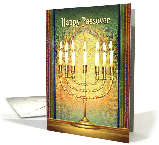 Messianic Happy Passover Golden Menorah in Mosaic Window card