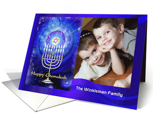 Happy Messianic Chanukah Add Photo Menorah with Blue Lights card