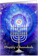 Happy Messianic Chanukah Menorah and Star with Blue Light card