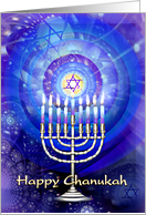 Happy Chanukah Menorah and Star of David with Blue Abstract Lights card