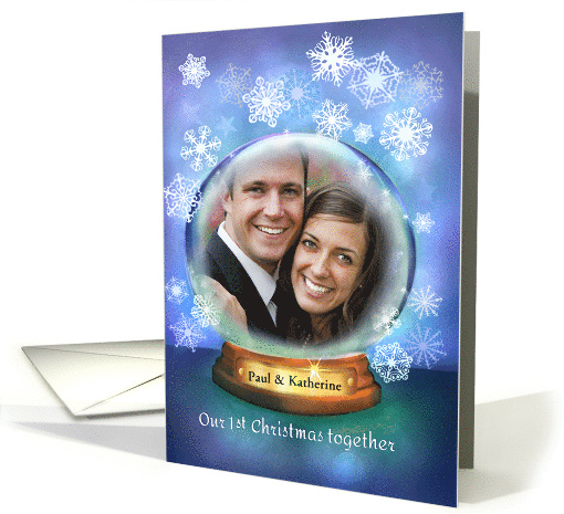 First Christmas Engaged Snow Globe Add Photo and Names or Date card